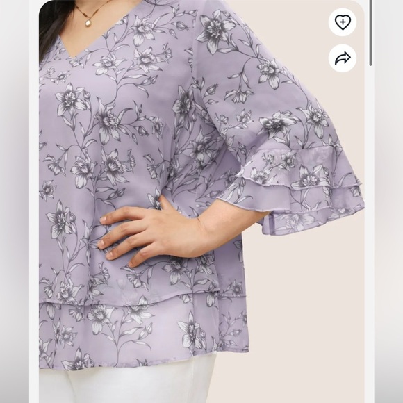 BloomChic Plus Size Daffodils Print Tiered Ruffle Sleeve Mesh Blouse - Picture 3 of 5
